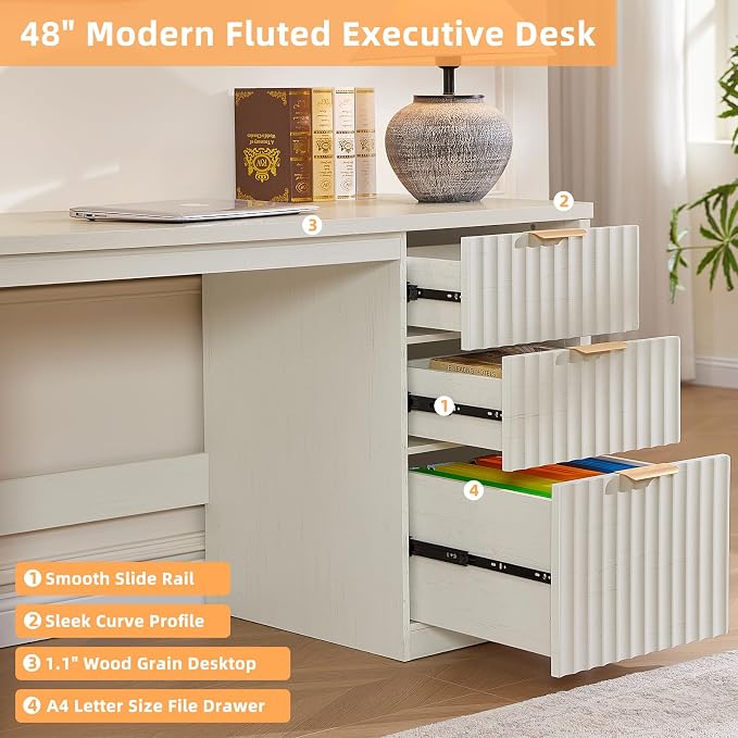 LEYAOYAO Office Desk 48" with 3 Drawers Storage File Cabinet Wood Fluted Desk for Computer Office Bedroom Home Furniture White
