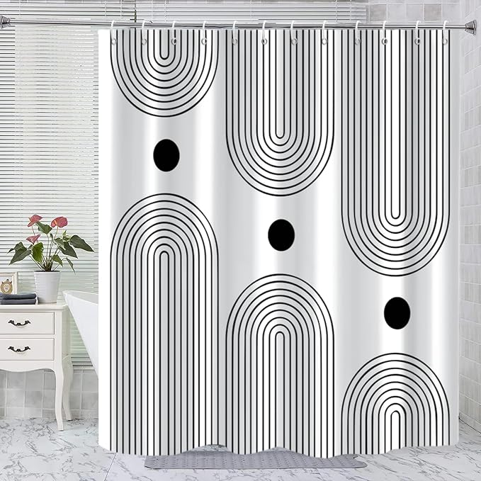 White and Black Shower Curtain, Boho Minimalist Mid Century Modern Arch Geometric Machine Washable Waterproof Fabric for Bathroom Bathtub Decor with Hooks 72x72