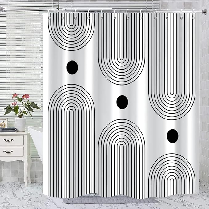 White and Black Extra Long Shower Curtain, Boho Minimalist Mid Century Modern Arch Geometric Machine Washable Waterproof Fabric for Bathroom Bathtub Decor with Hooks 72Wx84H