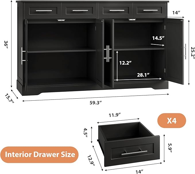 HOSTACK 60" Large Buffet Sideboard with Storage, 36" Tall Kitchen Buffet Storage Cabinet with 4 Drawer, Modern Coffee Bar Cabinet with Silver Handle, Long Sideboard Buffet Table for Kitchen, Black