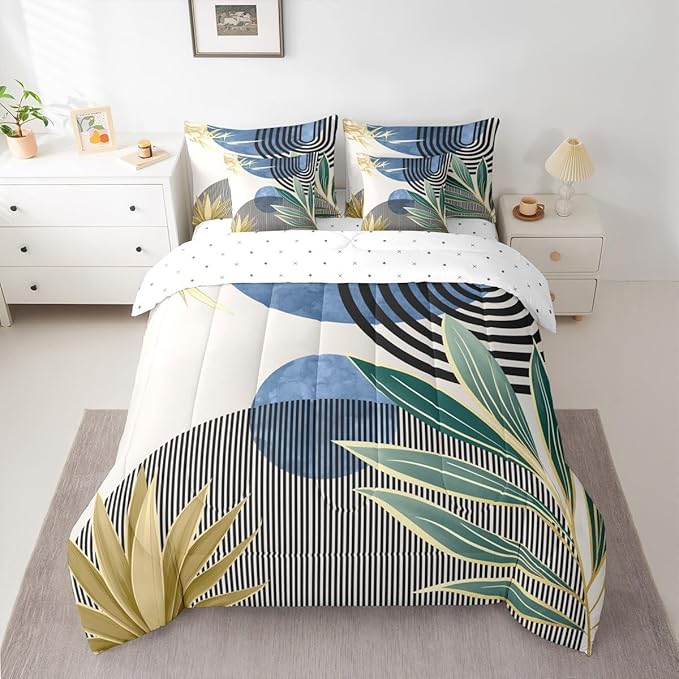 Erosebridal Mid Century Modern Bedding Sets Queen Modern Boho 7 Piece Comforter Set,Abstract Minimalist Art Bed in a Bag Arch Curve Leaves Aesthetic Sheet Set with Comforter,Blue Green