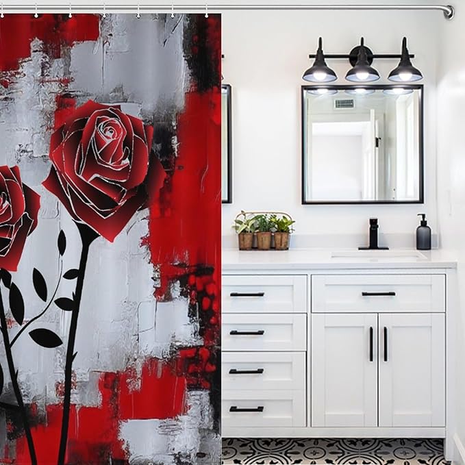 Red Rose Abstract Shower Curtain Nature Red Rose Floral Valentine's Day Artistic Waterproof Shower Curtains for Bathroom Decor 12 Pack Hooks 55x72in（140x183cm）