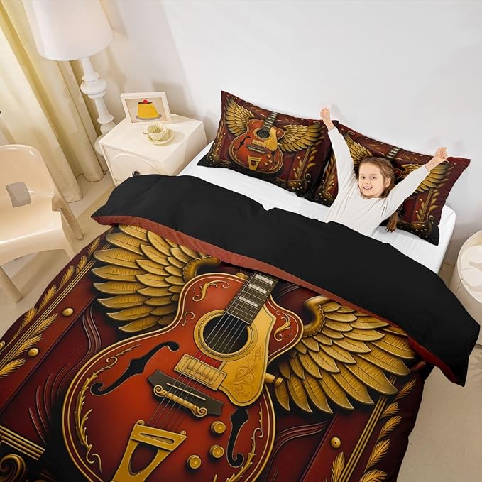 Erosebridal Guitar Comforter Cover King Luxury Angel Wings Guitar Bedding Set Vintage Baroque Style Room Decor Duvet Cover,Youth Rock Roll Music Bed Set