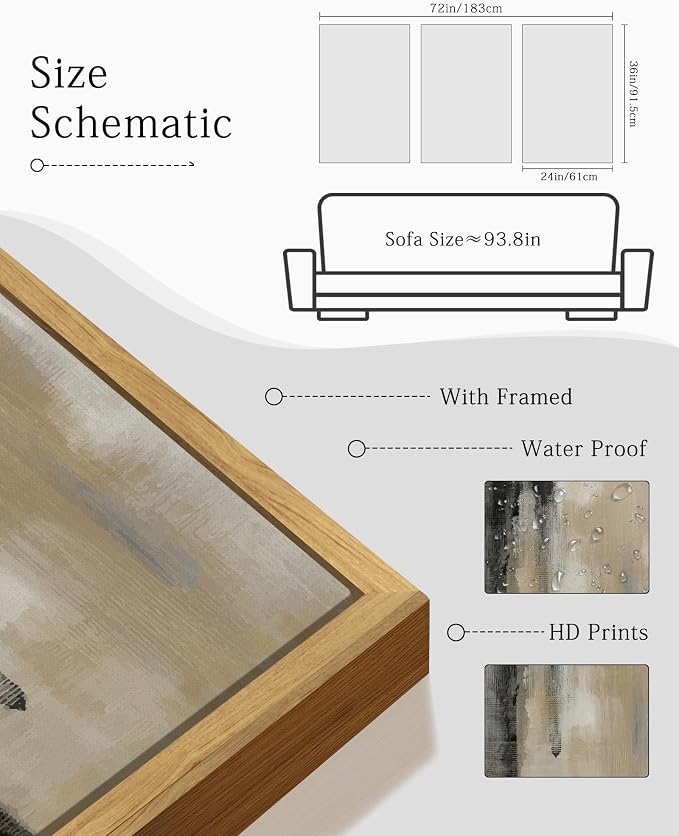 KUVIOKE Black Gray Abstract Framed Wall Art Neutral Wall Decor Minimalist Modern Illustrations Art Print for Living Room Bedroom 24x36in (Natural Framed)