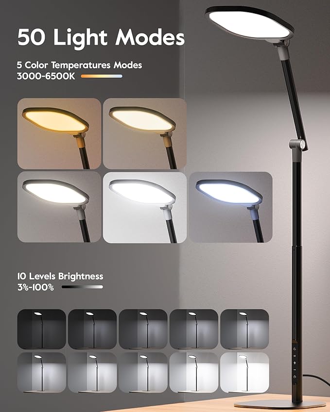 Led Desk Lamps for Home Office with Base, Tall Desk Lamp with 50 Light Modes & Memory and Timer Func Computer Light, Flexible Adjustable Table Lamps for Video Conference, Architect or Study