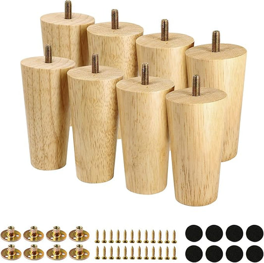 FoDau770 Rubber Wood Furniture Legs 4 Inches, Straight Tapered Wood Feet Mid Century Sofa Legs Set of 8, 5/16" UNC Furniture Feet Replacement Parts for Cabinet Couch Dresser Chair Ottoman Table