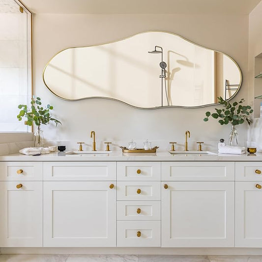 Large Asymmetrical Mirrors, 55"x22" Irregular Shaped Mirror, Gold Metal Frame Abstract Wall Mirror Decorative, Modern Funky Mirrors for Living Room Bathroom Bedroom Hallway Entryway Fireplace