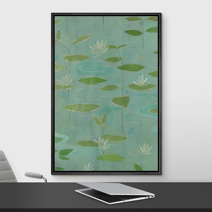 Woodrose Framed Canvas Print Wall Art Tranquil Water Lilies Serene Botanical Illustrations Modern Art Minimalist 3D Colorful Ultra for Living Room, Bedroom, Office - 24"x36" BLACK