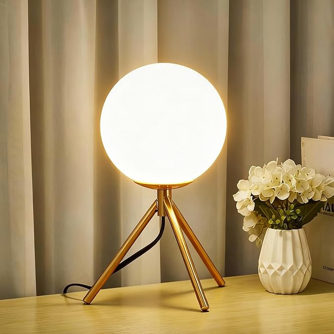 Mid Century Modern Table Lamp - Gold Glass Globe Desk Reading Lamp - Contemporary Minimalist Brushed Brass Bedside Desk Nightstand Industrial Vintage Bedside Table Light