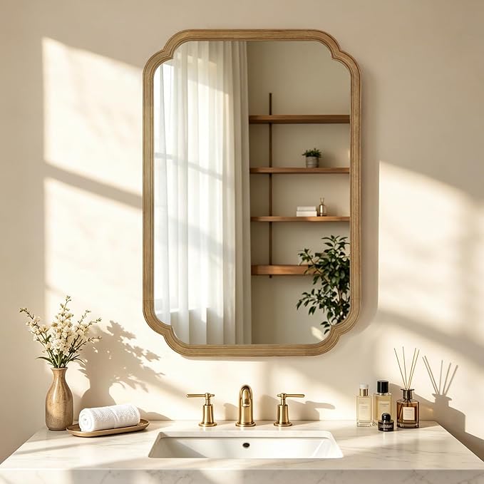 HOMECOOKIN Wood Bathroom Mirror for Wall Decor Arched Rounded Corner Rustic Wood Frame Wall Mirror Home Decorative for Vanity, Living Room, Bedroom, Entryway (24 x 36 inch, Natural)