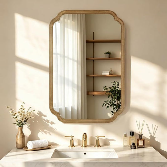 HOMECOOKIN Wood Bathroom Mirror for Wall Decor Arched Rounded Corner Rustic Wood Frame Wall Mirror Home Decorative for Vanity, Living Room, Bedroom, Entryway (24 x 36 inch, Natural)