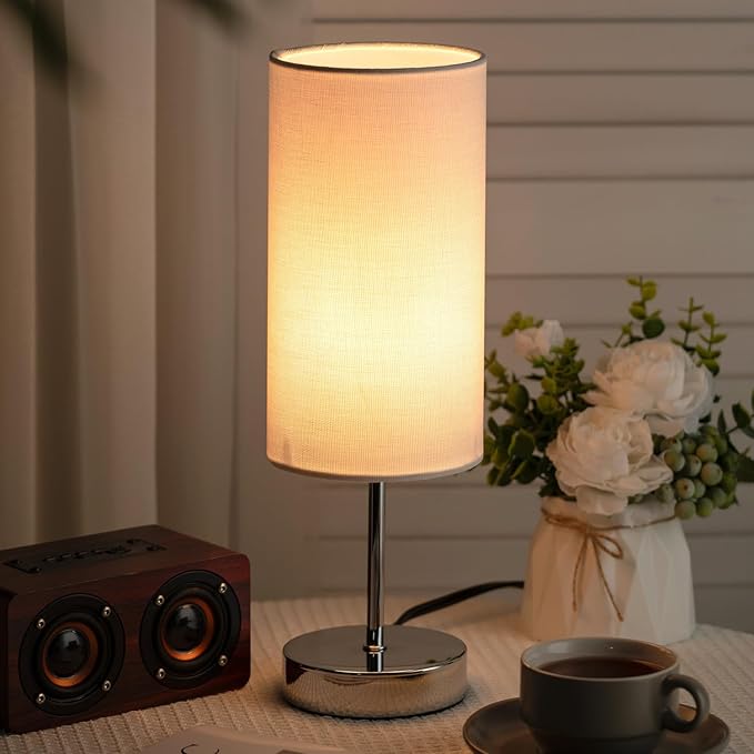 Small Table Lamp for Bedroom Nightstand, Round White Fabric Shade and Silver Metal Base, Modern Minimalist Bedside Lamps for Dresser, End Table, Office, College Dorm, Warm Light, 5W LED Bulb Included
