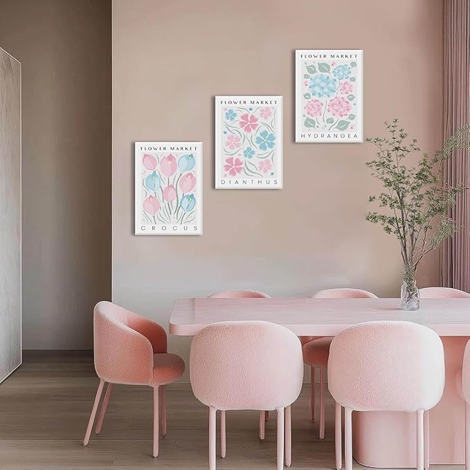 BingruiArt Flower Market Wall Art Pink and Blue Canvas Boho Floral Wall Decor Botanical College Coquette Girly Preppy Posters Prints Pictures for Apartment Batroom Bedroom Dorm Room 3Pcs 16"x24" Framed