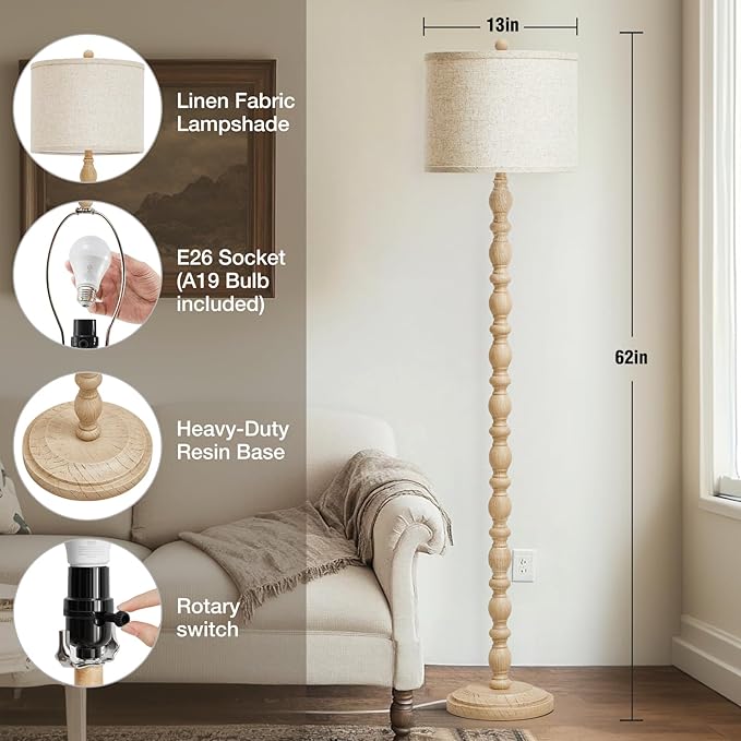 Luvkczc 62" Floor Lamps for Living Room, Adjustable Color Temperature Standing Lamp, Vintage Farmhouse Floor Lamp with Rotary Switch, Rustic Resin Tall Lamps for Living Room, Bedroom, Office, Corner