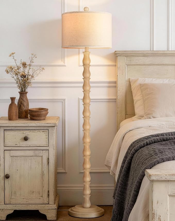 63.5" Rustic Floor Lamp for Living Room, Farmhouse Floor Lamp with Rotary Switch & Linen Shade, Vintage Resin Tall Standing Lamp for Bedroom Corner Office Home Decor, Cream (LED Bulb Included)