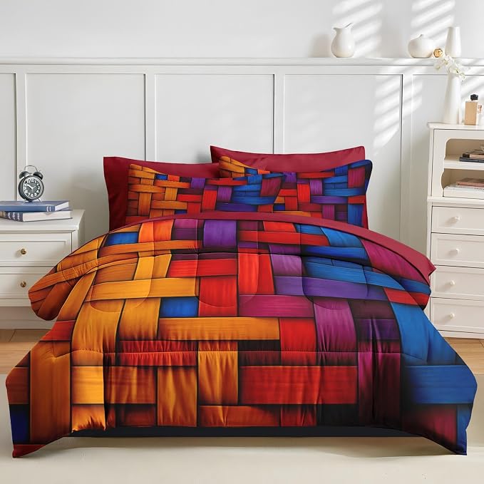 Nesker 7 Pcs Comforter Set King Size, Colorful Geometric Bedding Set for Kids and Adults, Abstract Minimalist Bed Sheet Sets with Fitted Sheet 2 Pillowcases & 2 Shams