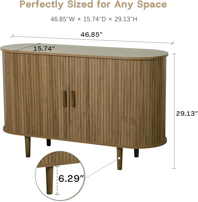 Fluted Sideboard Buffet Cabinet with Storage, 47" Mid-Century Modern Console Table with Sliding Doors, Wood Credenza for Dining Room, Coffee Bar Station, Brown