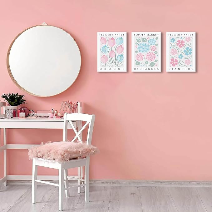 BingruiArt Flower Market Wall Art Pink and Blue Canvas Boho Floral Wall Decor Botanical College Coquette Girly Preppy Posters Prints Pictures for Apartment Batroom Bedroom Dorm Room 3Pcs 12"x16" Framed