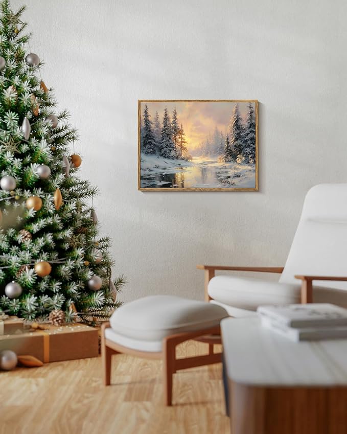 InSimSea Christmas Decor Framed Wall Art, Winter snow scene Canvas Painting, Warm and peaceful Holiday decor Unique Christmas Gifts For Table Wall Farmhouse Mantel Home Office 12L x 16W