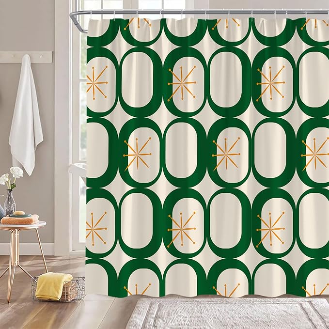 Mid Century Modern Shower Curtain Abstract Atomic Geometric Round Squares Retro 50s Green Fabic with Hooks for Bathroom Decor,60x70 Inch