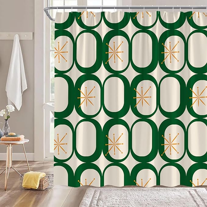 Mid Century Modern Extra Long Shower Curtain Abstract Atomic Geometric Round Squares Retro 50s Green Fabic with Hooks for Bathroom Decor,70x84 Inch