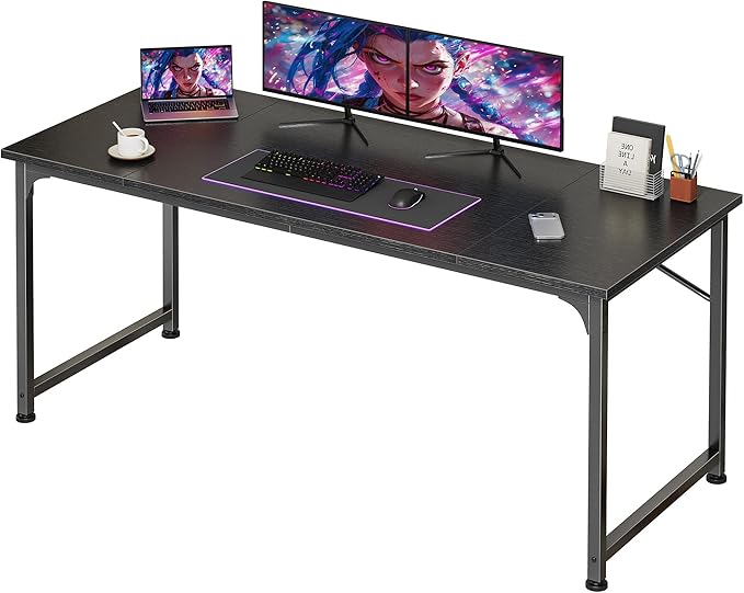 PRAISUN 55 Inch Computer Desk, Home Office Desk with Spacious Desktop, Modern Gaming Desk, Writing Study Table for Bedroom, Small Spaces, Work from Home Desk with Metal Frame, Black