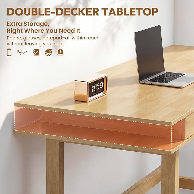 Double-Top Solid Wood Desk - 60-Inch Mid-Century Modern Writing Table with Drawers for Home Office, Study, and Creation, Rubberwood Computer Desk in Honey Oak