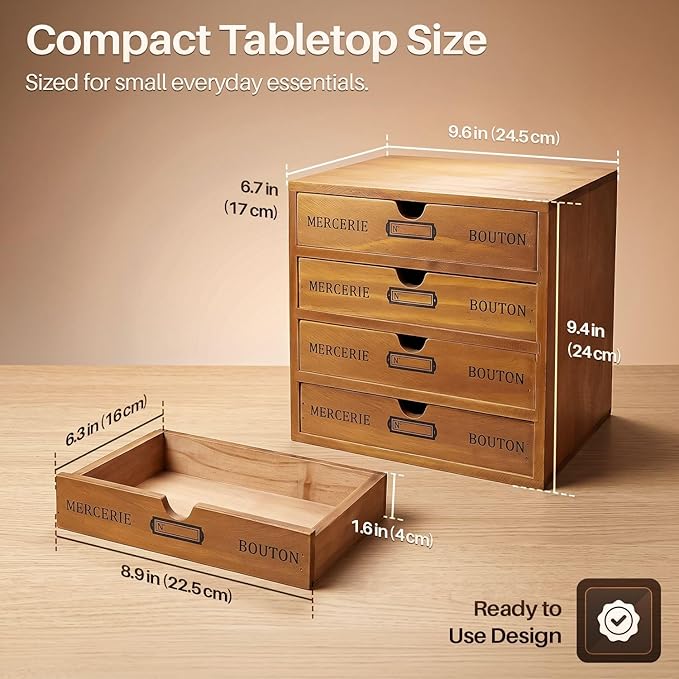 Flexzion Wood Desktop Organizer with Drawers, Desktop Storage Drawers Wood Cabinet, 4-Drawer Wooden Card Catalog Cabinet for Office, Crafts, Jewelry, Stationery, Vintage Brown