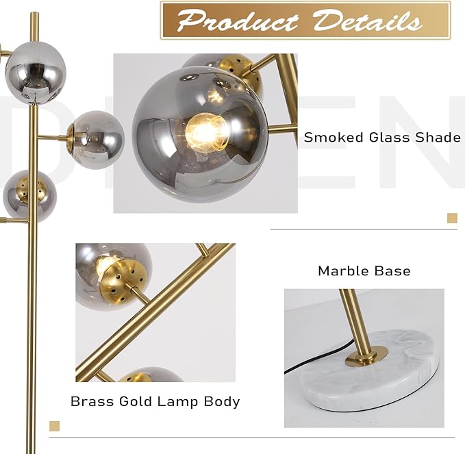 KCO Lighting Glass Globe Floor Lamp Mid Century Modern Standing Lamp Gold and Marble Floor Lamps Brass Reading Floor Lamp Bright Floor Light for Dark Rooms Living Room Bedroom