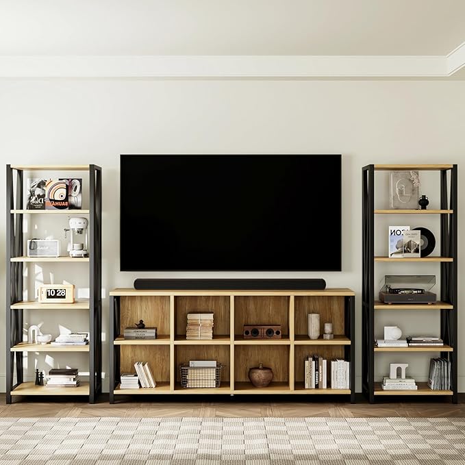 63" 8 Cube Horizontal Bookshelf Long Bookshelf Wood Cube Storage Organizer Wood Cubby Bookcase for Living Room Maple