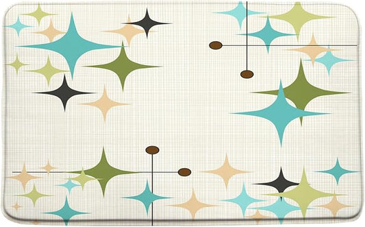 Mid Century Bath Mat Retro Atomic Stars 1950s 1960s Vintage Geometric Pattern Abstract Iconic Modern Teal Blue 19.7x31.5 Inches Indoor Outdoor Floor Rugs