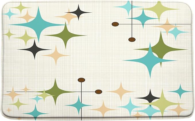 Mid Century Bath Mat Retro Atomic Stars 1950s 1960s Vintage Geometric Pattern Abstract Iconic Modern Teal Blue 17.7x29.5 Inches Indoor Outdoor Floor Rugs