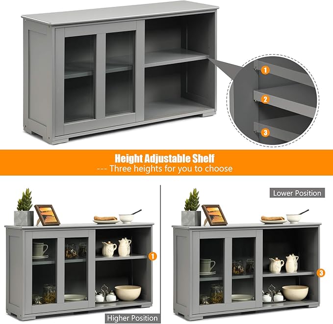 Sideboards Buffet Cabinet, Sliding Tempered Glass Door Coffee Bar, Console Table with Adjustable Shelf, Credenzas for Living Room, Stackable Kitchen Cupboard for Dining Room (Grey)