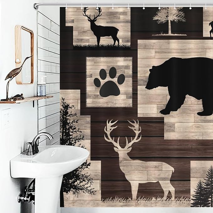 Rustic Cabin Bear Animals Shower Curtain Deer Forest Wildlife Wooden Country Lodge Hunting Camping Animal Waterproof Shower Curtains for Bathroom Decor 12 Pack Hooks 66x72in（168x183cm）