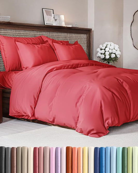 Duvet Cover King Size - Extra Soft King Size Duvet Cover - Lightweight, Breathable & Cozy - Easy Care & Fade Free with Zipper Closures & Ties - 104" x 90" Inches - (Red) Comforter Not Included