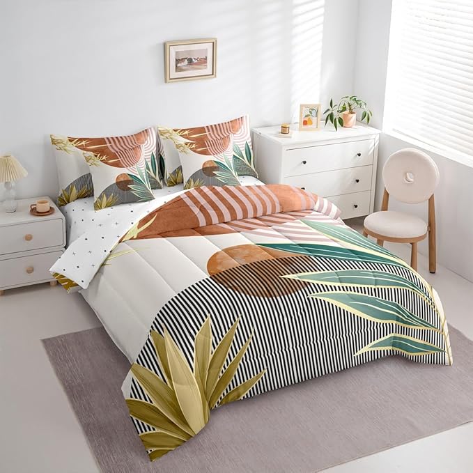 Erosebridal 7 Piece Boho Mid Century Bedding Sets Full Vintage Comforter Set for Boys Girls,Abstarct Retro Stripes Bed in a Bag Modern Minimalist Simplistic Sheet Set with Comforter,Brown