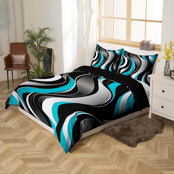 Erosebridal Geometric Wavy Lines Duvet Cover Toddler for Kids Boys Girls,Minimalist Abstract Art Comforter Cover,Modern Aesthetic Bedding Set,Teal Grey Black Bed Set with 1 Pillowcase Bedroom Decor