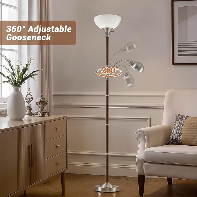 EJIAXIN Wood Floor Lamp for Living Room - Walnut Torchiere Floor Lamps for Bedroom Standing Lamp with Glass Shade - Mid Century Modern Corner Tall Lamps for Home Office Nursery Reading Light,2 Head