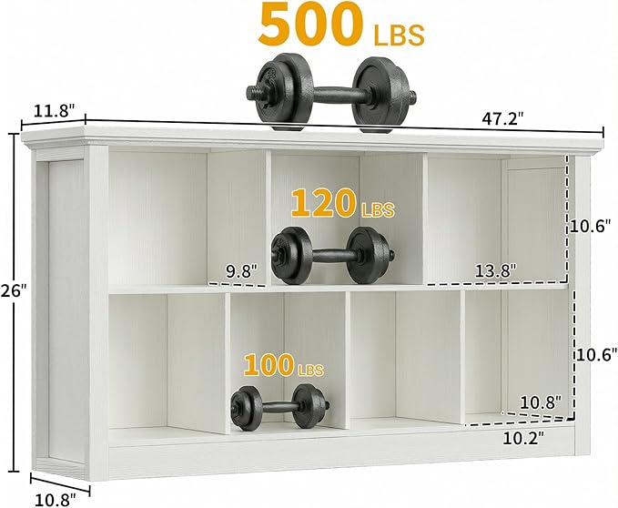 Unikito 7 Cube Storage Book Shelf - 47" Wide Wood Cube Storage Organizer, Wooden 2 Tiers Floor Standing Low Bookcase for Living Room, Bedroom, Home Office, Kids Room, Rustic White