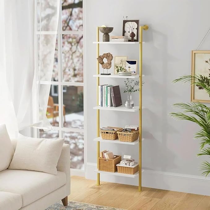 Acovy 5-Tier Bookshelf Solid Wood Ladder Shelf, Narrow Book Shelf Display Shelf, Wooden Bookcase, Wall Mount Ladder Shelf, Storage Rack for Living Room, Bedroom, Bathroom, White and Gold