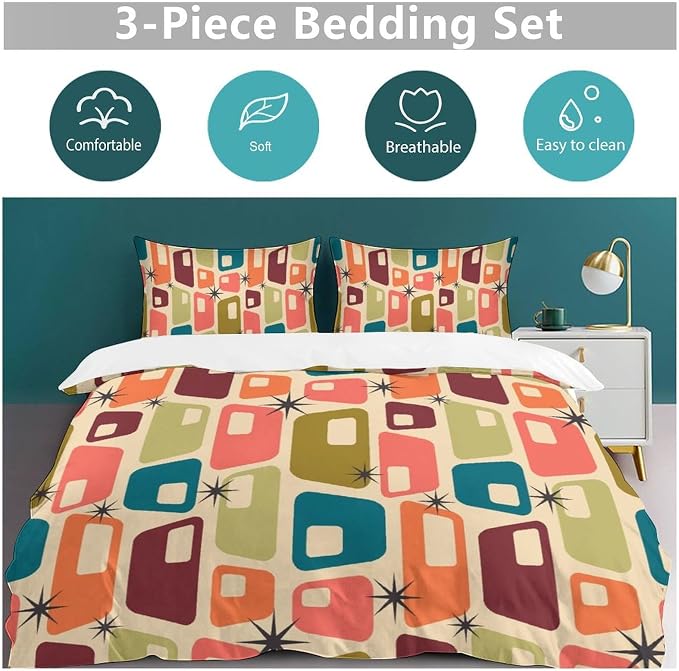 Modern Mid Century Duvet Cover Queen Retro Atomic Bedding Set, Rainbow Grid Comforter Cover Vintage Fifties 1950s Bed Set，Abstract Art Bedding 3 Piece (1 Duvet Cover 86"x70" + 2 Pillow Sham 20"x30")