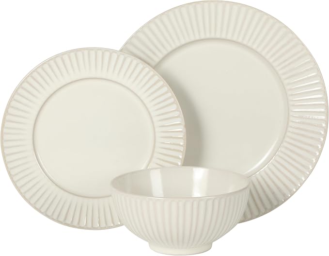 Gibson Elite Soleil 12 Piece Linen White Stoneware Dinnerware Set for 4, Plates and Bowls Set with Dinner Plates, Salad Plates and Bowls