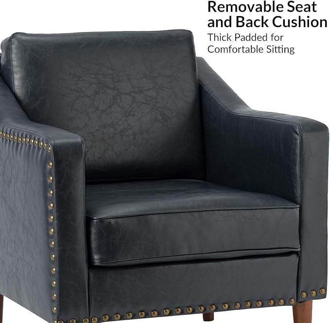 HULALA HOME Faux Leather Accent Armchair with Back & Seat Cushions, Traditional Club Chair with Nailhead Trim, Comfy Upholstered Sofa Chair for Living Room Bedroom, Navy