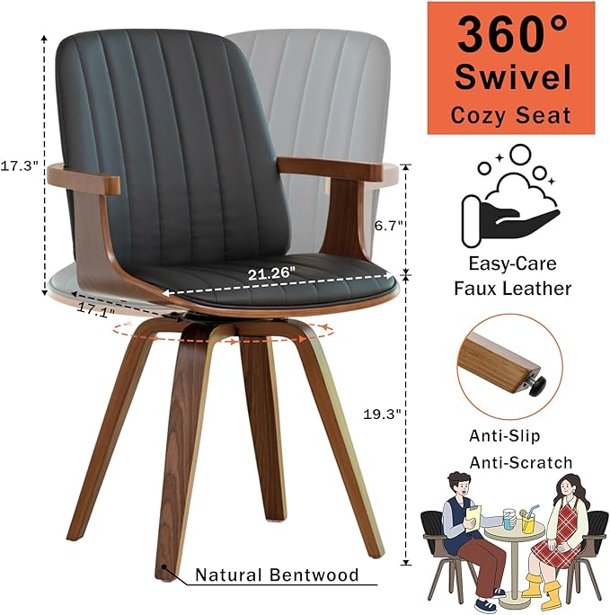 Swivel Dining Chairs, Set of 4 Kitchen Swivel Chairs with Walnut Craftsmanship, Upholstered Faux Leather, Wooden Arms and Legs, Walnut Dining Chairs for Kitchen/Living Room - Black