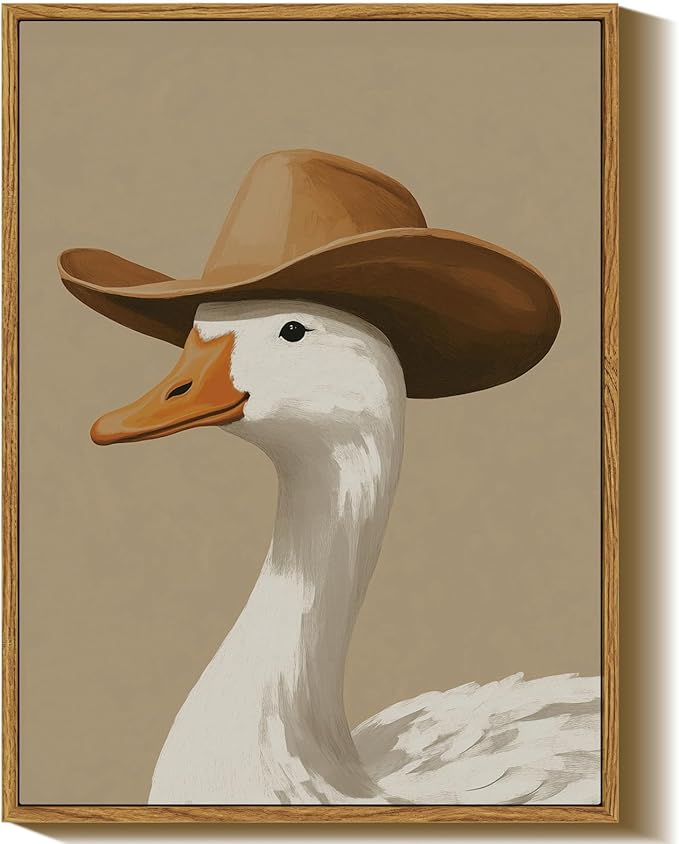 InSimSea Vintage Framed Wall Art, Cowboy Duck Canvas Print, Humorous Fun Art, Animal Oil Painting Wall Decor for Bathroom Bedroom Kitchen 12x16in