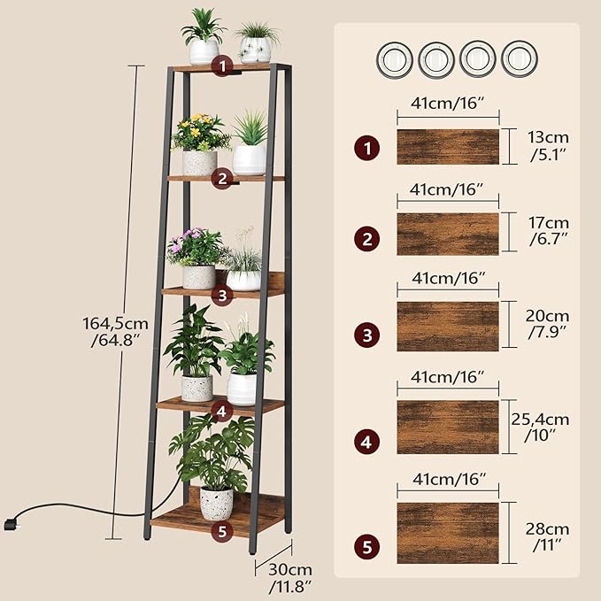 Plant Stand with Grow Light, 5 Tier Plant Shelf with Timer for Indoor Plants, Ladder Shape Flower Rack with Raised Back Edges, for Living Room, Balcony, Rustic Brown and Black PSHR05E01