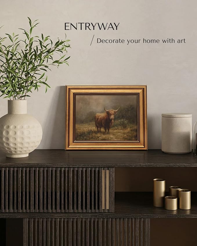 HUARCEY Gold Framed Vintage Wall Art for Living Room, Animals Painting Prints Shelf Decor for Kitchen, Aesthetic Bedroom Wall Art, Best Gifts for Friends or Family - Highland Cattle 10L x 8W