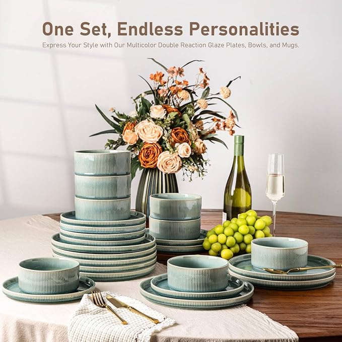 GBHOME 12-Piece Stoneware Dinnerware Set for 4 – Ribbed Ceramic Plates and Bowls, Scratch-Resistant, Microwave & Dishwasher Safe, Reactive Glaze, Malachite Green