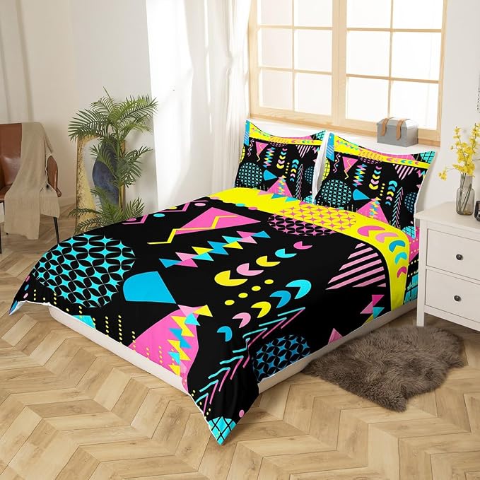 Memphis Duvet Cover Set King Size, Retro 80s 90s Fashion Style Bedding Set for Kids Boys Girls, Colorful Geometric Abstract Comforter Cover Soft Polyester Quilt Cover with 2 Pillowcases,No Comforter