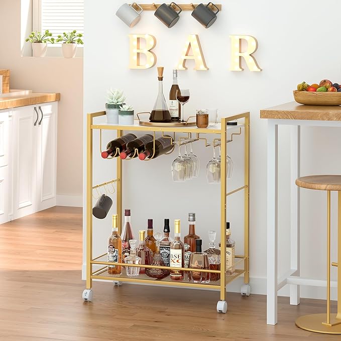 Bar Cart, Home Bar Serving Cart with 2-Tier Shelf,Rolling Beverage Cart with Wheels,Mobile Kitchen Shelf,Modern Wine Drink Cart with Wine Rack and Glass Holder for Kitchen,Dinning Room,Gold